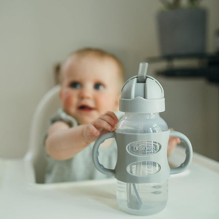 Dr. Brown's Milestones Wide-Neck Sippy Straw Bottle with 100% Silicone Handles and Weighted Straw, 9 oz/270 mL, Gray & Blue, 6m+, 2 Pack