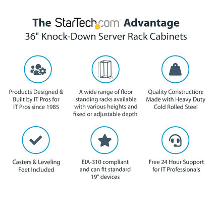 StarTech.com 18U 19" Server Rack Cabinet - 4 Post Adjustable Depth (6-32") Locking Knock Down Network/Computer Equipment Enclosure - Mobile w/Glass Door & Casters - HP ProLiant ThinkServer (RK1836BKF)