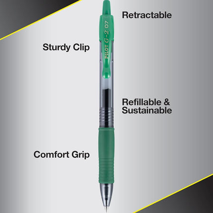 Pilot G2 Retractable Premium Gel Ink Roller Ball Pens, Fine Point, Green Ink, Dozen Box (31025)