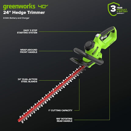 Cortasetos inalámbrico Greenworks 40V de 24" (capacidad de corte de 1"), batería USB de 2.0Ah y cargador incluidos
