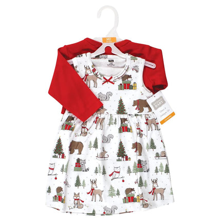 Hudson Baby Conjunto de Vestido y Cárdigan de Algodón para Bebés Niñas, Bosque de Invierno Rojo, 5T