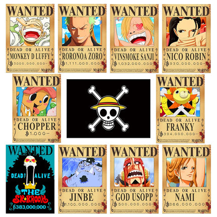 TYZZHOA 11 PCS Anime One Piece Wanted Bounty Posters 11×15 IN, Nika Luffy 3 billion Updated Bounty Edition, 10 Straw Hat Pirates Crew Zoro, Sanji, 1 PC One Piece Flag
