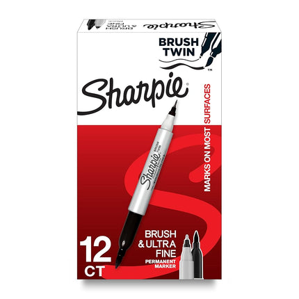 Sharpie Brush Twin Permanent Marker Brush Tip Marker and Ultra Fine Tip Black 12 Count