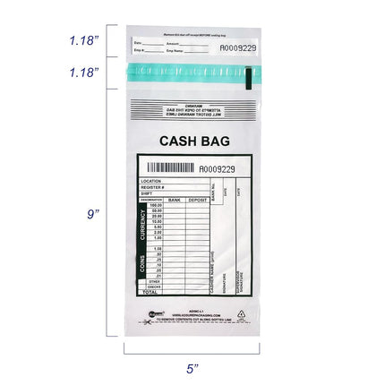 ADSURE Deposit Bags For Cash | Pack of 1000 | 5"x9"| Clear Plastic Tamper Evident Bag | Write-On Panel and Tear-Off Receipt | Bank Deposit Envelopes | Ideal for Cash Handling