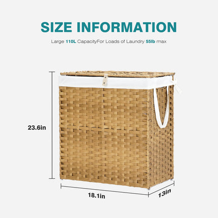 DUMOS Wicker Laundry Basket with Lid, 110L Woven Laundry Hamper with Handles, Foldable Rattan Clothes Hamper with Removable Liner & Sturdy Steel Frame, Yellow