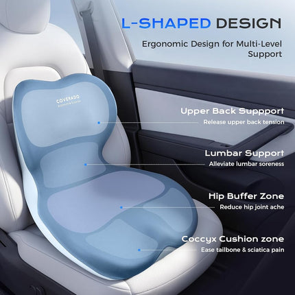 Coverado Car Seat Cushion and Lumbar Support Pillow One Piece, Memory Foam Ergonomic Back Support Driving Seat Cushion for Back Pain, Non-Slip Washable Cushion for Car, Driver, Office