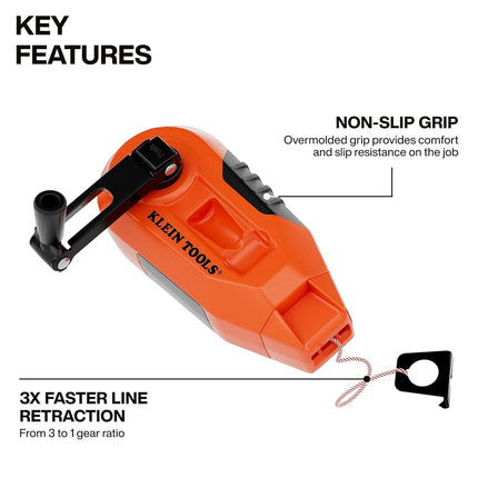 KLEIN TOOLS CHLK30S Compact Chalk Reel, 30-Foot, 3:1 Gear Ratio, Quick-Release Spool Clutch, Chalk Line and Twist-Lock Top with a Nested Hook Design