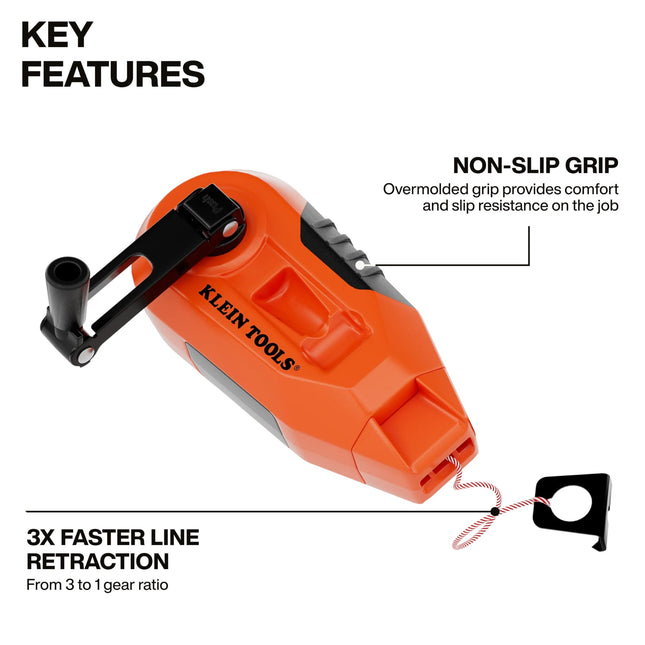 KLEIN TOOLS CHLK30S Compact Chalk Reel, 30-Foot, 3:1 Gear Ratio, Quick-Release Spool Clutch, Chalk Line and Twist-Lock Top with a Nested Hook Design
