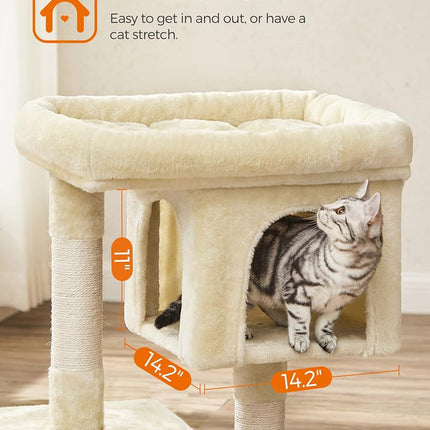 Feandrea Cat Tree Tower, 84 cm, L, Condo for Large Cats up to 16 lb, Large Perch, 2 Caves, Scratching Post, Beige UPCT61M