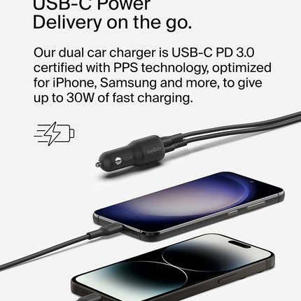 Belkin BoostCharge Dual Car Charger 42W w/Fast Charge USB-C 30W PPS & 12W USB-A Ports + USB-C to Lightning Cable for Apple iPhone 16, Plus, Pro, Pro Max, iPhone 15, Samsung Galaxy S24, & More - Black