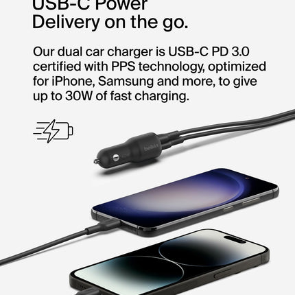 Cargador doble para automóvil Belkin BoostCharge de 42W con puertos USB-C de carga rápida de 30W PPS y USB-A de 12W + cable USB-C a Lightning para Apple iPhone 16, Plus, Pro, Pro Max, iPhone 15, Samsung Galaxy S24 y más - Negro