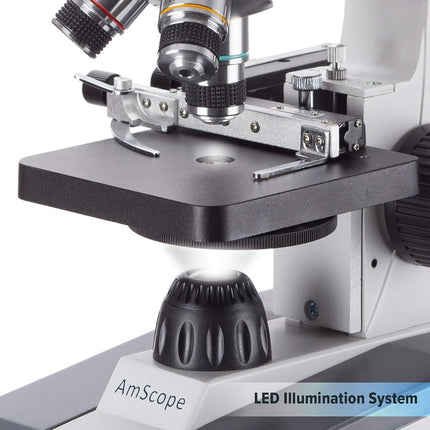 AmScope M150C-MS Compound Monocular Microscope, WF10x and WF25x Eyepieces, 40x-1000x Magnification, LED Illumination, Brightfield, Single-Lens Condenser, Coaxial Coarse and Fine Focus, Mechanical Stage, 110V