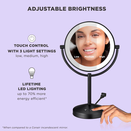 Espejo de Maquillaje Iluminado Conair, Espejo de Tocador LED de Doble Cara con Aumento 1X/10X, 3 Ajustes de Luz, 3 Modos, Rotación de 360°, Acabado Negro Mate