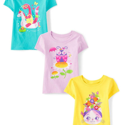 The Children's Place T-shirts graphiques à manches courtes licornes, papillons, tendances pour bébés filles et tout-petits, lot de 3, dinosaure de piscine/coccinelle/chat à fleurs, 18-24 mois