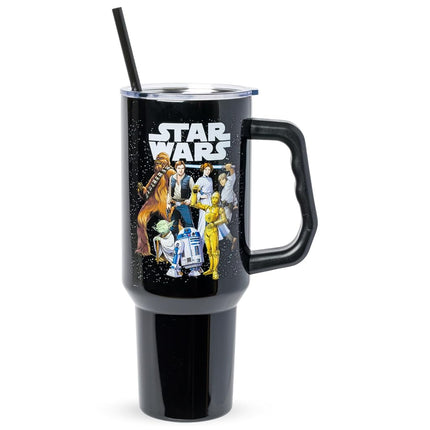 Silver Buffalo Star Wars Stainless Steel Tumbler with Handle and Straw - Chewbacca Yoda R2-D2 C-3PO Princess Leia Han Solo Luke Skywalker Fits in Standard Cup Holders 40oz