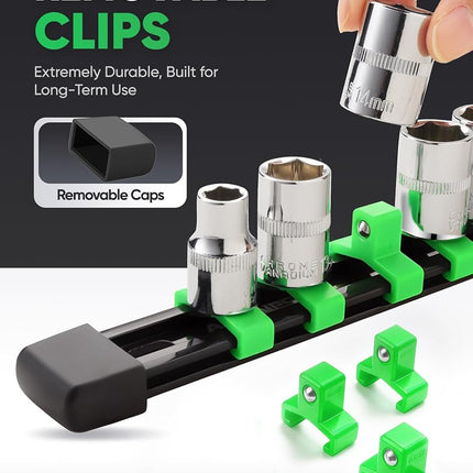 ALOANES 9 PC ABS Socket Organizer, 1/2 inch, 3/8 inch and 1/4 inch Drive Socket Rail Holders, Heavy Duty Socket Racks, Black Rails with Green Clips