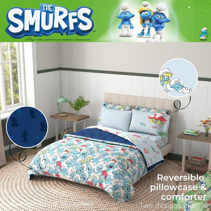 Franco The Smurfs Kids Bedding Super Soft & Cozy Reverisble Microfiber Comforter and Sheet Set with Sham, 7 Piece Queen Size, (Officially Licensed Product)