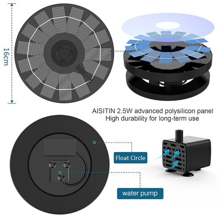 AISITIN 2.5W Solar Bird Bath Fountain Pump, Solar Fountain Pump for Bird Bath with 6 Nozzles, 6.7" Solar Powered Water Fountain Pump for Garden, Ponds, Pool, Fish Tank, Aquarium and Outdoor