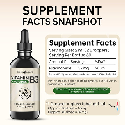 Liquid Vitamin B3 (as Niacinamide) Supplement - Non Flush Form of Niacin - Fast Absorption -Convenient Niacin Drops for Women and Men - 4 oz (120ml )