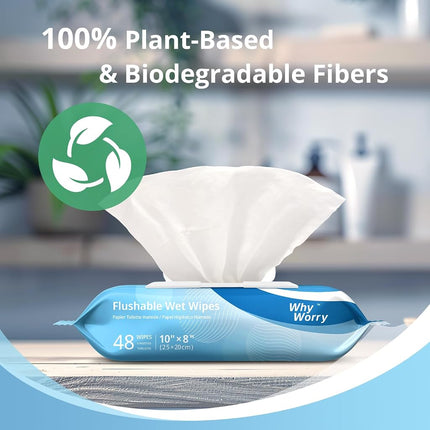 WhyWorry Flushable Wipes for Adults, Extra Large 20x25cm Flushable Toilet Wipes with Chamomile & Vitamin E, Moist Toilet Tissue, 100% Plant-Based, Biodegradable, Hypoallergenic, Sea Incense, 384 Count
