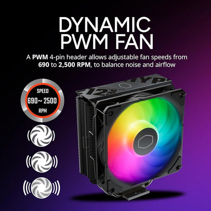 Cooler Master Hyper 212 RGB Black Edition CPU Air Cooler, SF120R RGB Fan, 4 CD 2.0 Heatpipes, Anodized Gun-Metal Black, Brushed Nickel Fins, RGB Lighting for AMD Ryzen/Intel LGA1151