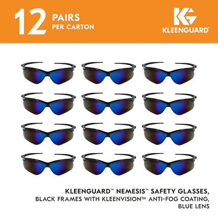 KLEENGUARD V30 Nemesis Safety Glasses (14481), Blue Mirror Lenses with Black Frame, Pack of 12 pairs
