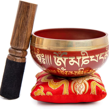 Tibetan Singing Bowl Set - Easy To Play for Beginners - Authentic Handcrafted Mindfulness Meditation Holistic Sound 7 Chakra Healing Gift by Himalayan Bazaar (Crimson)