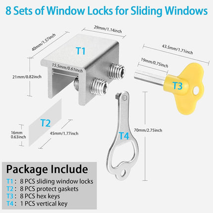 ZRFCXE Window Locks,8 Pack Sliding Window Locks with Key for Vertical & Horizontal Sliding Windows Doors,Easv to Install,Adjustable Security Window Lock for Patio Bedroom Home and Office (Silver)