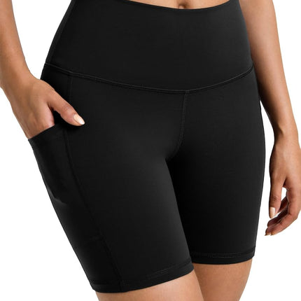 Colorfulkoala High Waisted Gym Shorts Women with Pockets 6" Inseam for Yoga Runing Workout Cycling (M, Black)