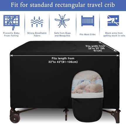 Dofilachy Blackout Cover for Pack N Play - Crib Blackout Cover Tent - Canopy Cover - Breathable Travel Crib Tent - Portable Stretchy Blackout Tent (Black)