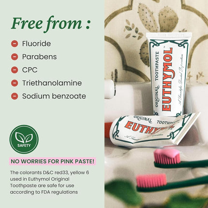EUTHYMOL Original Toothpaste (3.7fl oz, Pack of 3) - Fluoride-Free Toothpaste for Sensitive Teeth & Gum. Bad Breath, Cavity Prevention, 12-Hour Long Lasting Freshness with Wintergreen.