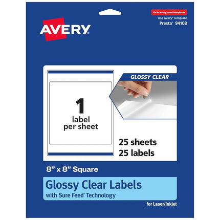 Avery Glossy Clear Square Labels with Sure Feed, 8" x 8", 25 Glossy Clear Labels, Laser/Inkjet Printable Labels