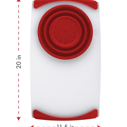 Dexas Over the Sink Poly Cutting Board with Collapsible Colander Strainer, 11.5 x 20,Natural/Red
