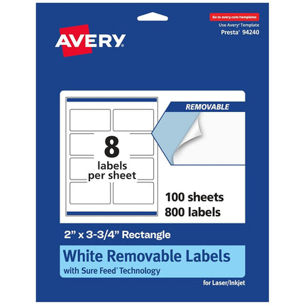 Etiquetas rectangulares removibles Avery blancas mate con tecnología Sure Feed, impresión de borde a borde, 2" x 3.75", 800 etiquetas removibles, imprimibles con láser/inyección de tinta