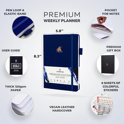 Clever Fox Planner Premium Edition - Luxurious Weekly & Monthly Planner to Increase Productivity and Hit Your Goals - Organizer - Undated, Start Anytime, A5, Lasts 1 Year, Navy Blue (Weekly)