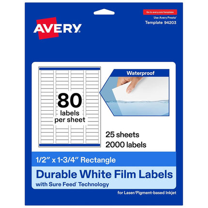 Avery Waterproof Rectangle Labels with Sure Feed, .5" x 1.75", 2,000 White Labels (36546)