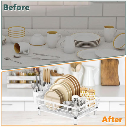AIDERLY Iron Dish Drying Rack with Drainboard Dish Drainers for Kitchen Counter Extendable Spout Strainers with Utensil Holder and Knife Slots, White