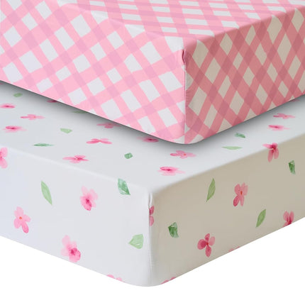 Paquete de 2 sábanas para cuna de niños y niñas – Ajuste elástico completo para colchones de cuna estándar (28″×52″) – Estampados elegantes de animales de zoológico, plumas, cuadros vichy y pétalos, enredaderas de acuarela, cuadros vichy y pétalos