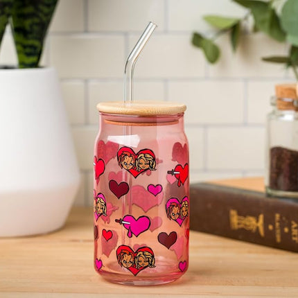 Silver Buffalo Chucky and Tiffany V-Day Heads and Hearts 16oz Glass Tumbler with Bamboo Lid and Glass Straw