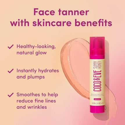 Coco & Eve Sunny Honey Bronzing Face Drops (Medium Glow) - Natural, Hydrating Hyaluronic Acid | Indoor Sunless Moisturizing Facial Self Tanner (30ml)