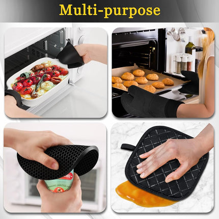 Funnydin Oven Mitts and Pot Holders Sets, 8pcs Pot Holders and Oven Mitts Heat Resistant, Kitchen Non-Slip Silicone Oven Mitts with Soft Cotton Lining, 14.5" Extra Long Oven Gloves for Cooking, Black