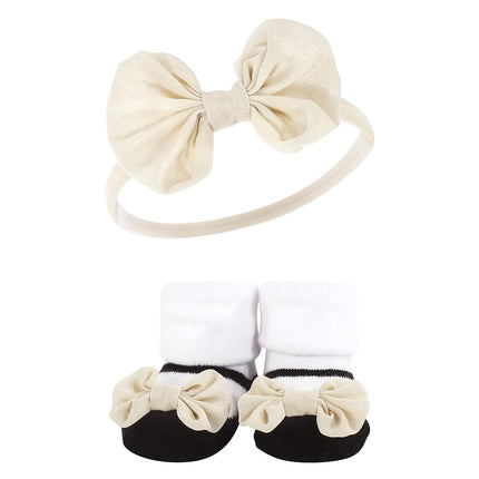 Hudson Baby Girl's Headband and Socks Giftset, Black Stripe Neutrals, One Size