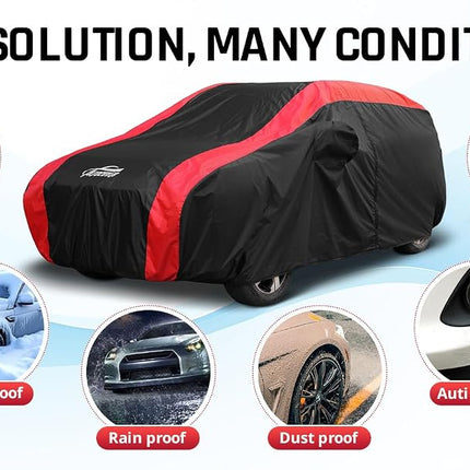 AltoCover Small Car Cover All Weather Protection with Red Stripe Design,Hatchback Car Cover Universal Fit Nissan Leaf, Honda Civic Hatchback, Mazda 3 Hatchback, VW Golf, Toyota Corolla Hatchback