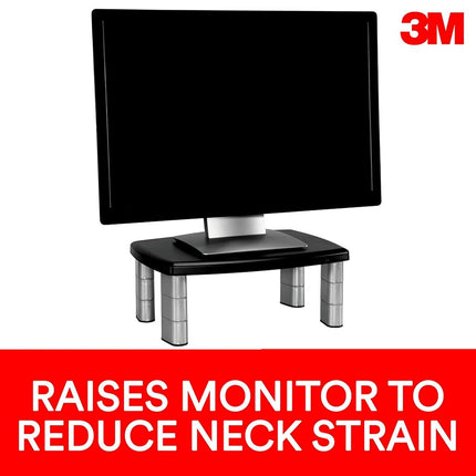 3M Adjustable Monitor Stand, Three Leg Segments Simply Adjust Height from 1" to 5 7/8", Sturdy Platform Holds Up to 80 lbs, 11-inch Space Between Columns for Storage, Silver/Black (MS80B)