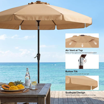 ABCCANOPY 9ft Scalloped Patio Umbrella, Outdoor Table Umbrella with Tilt and Crank, Fiberglass Ribs Deck Umbrella for Patio, Pool, Garden, Picnic (Tan)