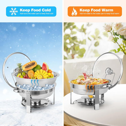 Calentadores de comida para buffet, juego de 2, 5 cuartos, de acero inoxidable, redondos, con tapa de cristal y soporte para la tapa, para fiestas, reuniones, eventos, banquetes de boda, color plateado