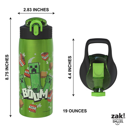 Botella de agua de Minecraft de Zak Designs para viajes y para casa, acero inoxidable con aislamiento al vacío de 530 ml con tapa de boquilla de seguridad, asa de transporte integrada, diseño a prueba de fugas (Creeper)