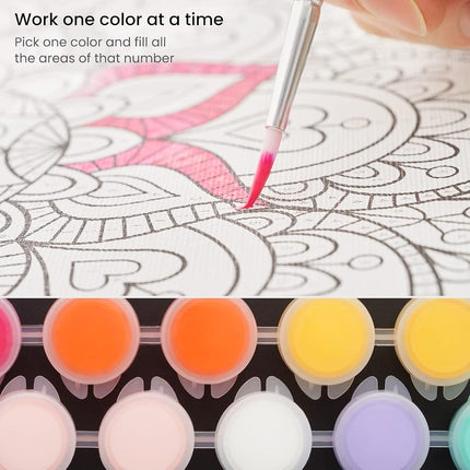 ARTEZA Pintura por números para adultos, 30 x 40 cm, 21 piezas, kit de pintura por números de mandala, incluye 1 panel de lona, 12 botes de pintura acrílica, 5 pinceles, materiales de arte para decoración de pared de casa y oficina