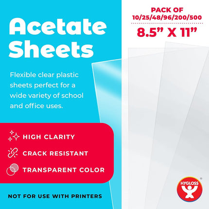 Hygloss Products Acetate Sheets for Crafts, Clear Overhead Projector Sheets Acetate-Like, for Arts and Craft Projects and Classrooms, Not for Printers, 8.5” x 11”, 48 Pack