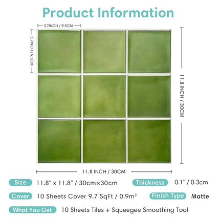 Commomy Peel and Stick Tile, Stick on Tiles Backsplash for Kitchen and Bathroom, PVC Self Adhesive Wall Tiles Stickers 3D Wall Panels Inner Wall Decoration(Square, Matte Green, 30x30cm, 10 Pcs)